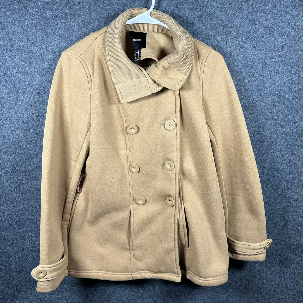 Forever 21 Womens Double Breasted Pea Coat Jacket Camel Tan Ribbed Collar Large